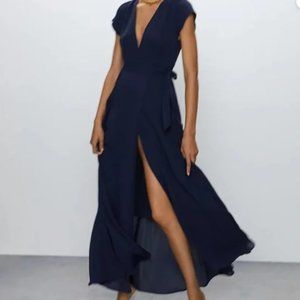 Babaton Aritiza Lexia Dress Maxi V-Neck Wrap Dress Navy Blue Size Small